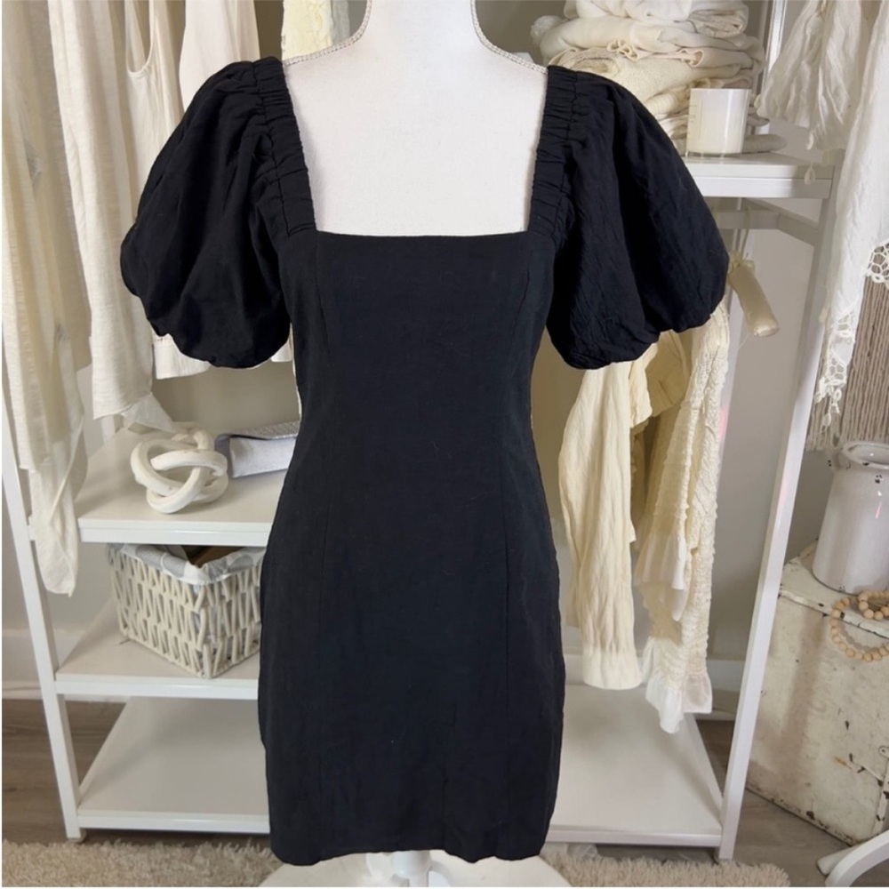 Black linen puff sleeve dress